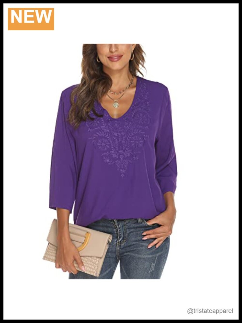 Women's Embroidered Tunic Top 100% Rayon Loose Fit V-Neck Long Sleeve Blouse